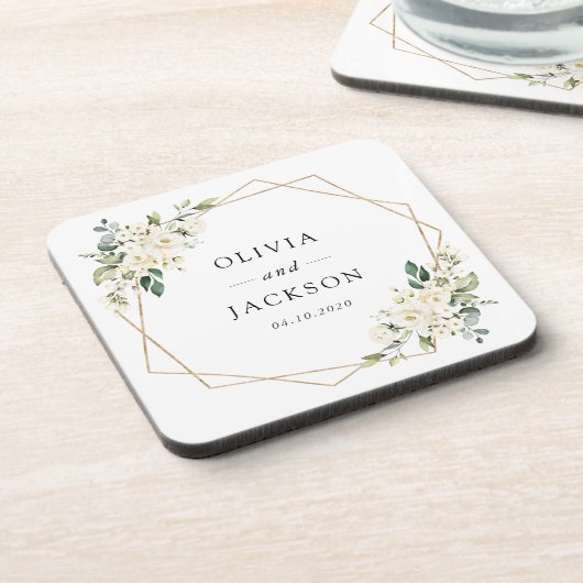 White Flowers, Cream Flowers, Greenery, Wedding Bier Onderzetter (Linkerzijde)