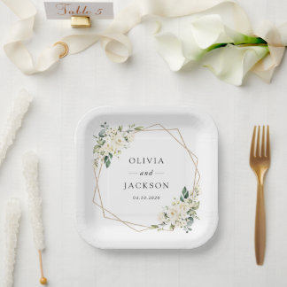 White Flowers, Cream Flowers, Greenery, Wedding Papieren Bordje