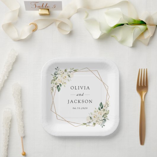 White Flowers, Cream Flowers, Greenery, Wedding Papieren Bordje (Huwelijk)