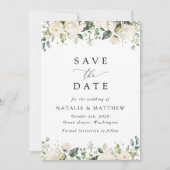 White Flowers, Cream Flowers, Greenery, Wedding Save The Date (Voorkant)