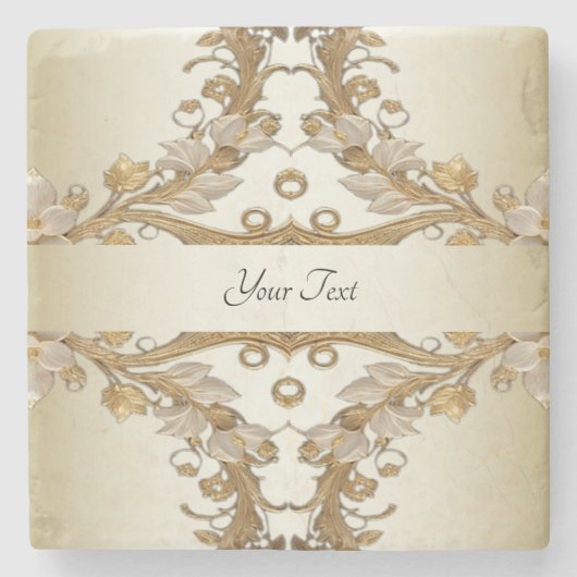 White Flowers Decorative Gold Stone Onderzetter (Voorkant)