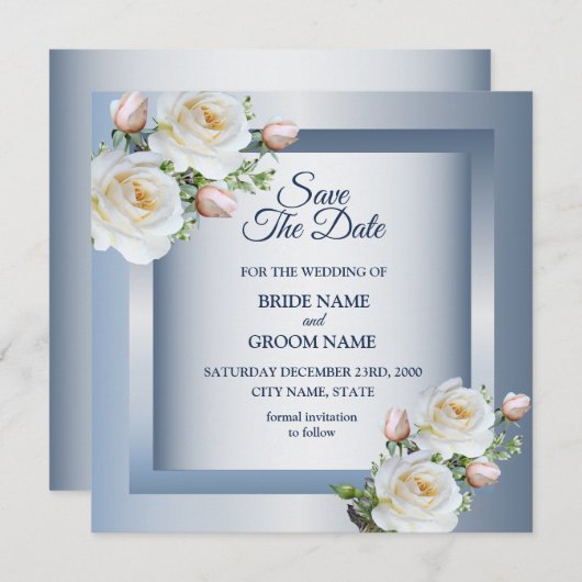 White Flowers Elegant Blue Gray Save The Date (Voorkant / Achterkant)