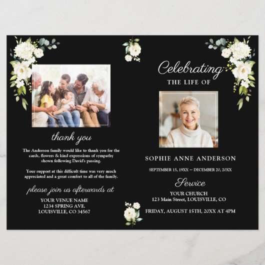 White Flowers Funeral Service Photo Program (Voorkant)