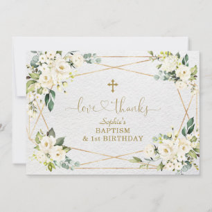 White Flowers Gold Girl 1st Birthday Baptisme Bedankkaart