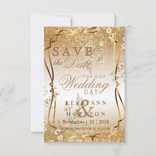White Flowers & Gold Glitter Save The Date (Voorkant)