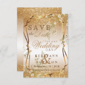 White Flowers & Gold Glitter Save The Date (Voorkant / Achterkant)
