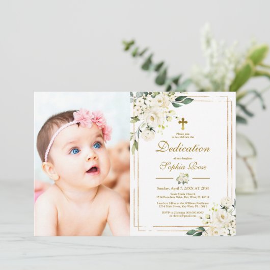 White Flowers & Gold Lijst Photo Girl Dedication Kaart (Staand voorkant)