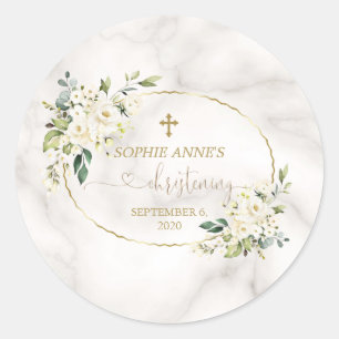 White Flowers Gold Marble Christening Calligrafie Ronde Sticker