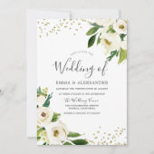 White Flowers Golden Modern Wedding Invitation Kaart (Voorkant)