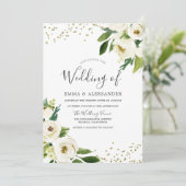 White Flowers Golden Modern Wedding Invitation Kaart (Staand voorkant)