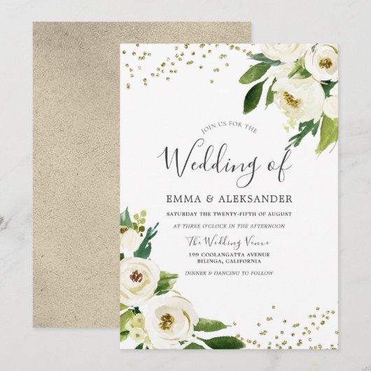 White Flowers Golden Modern Wedding Invitation Kaart (Voorkant / Achterkant)