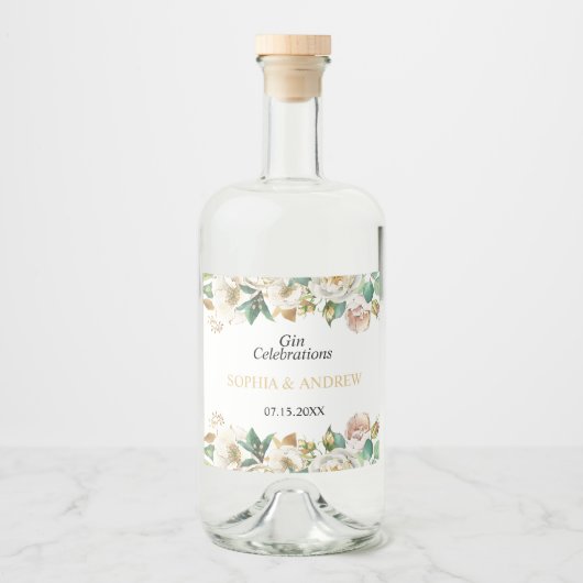 White Flowers & Greenery Wedding Wood Likeurfles Etiket (Voorkant)