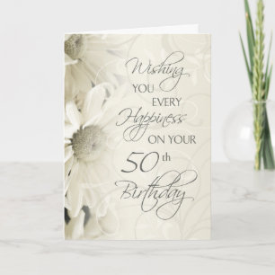 White Flowers Happy 50th Birthday Card Kaart