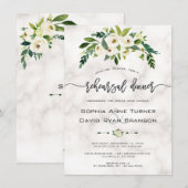 White Flowers Marble Handwriting Rehearsal Dinner Kaart (Voorkant / Achterkant)