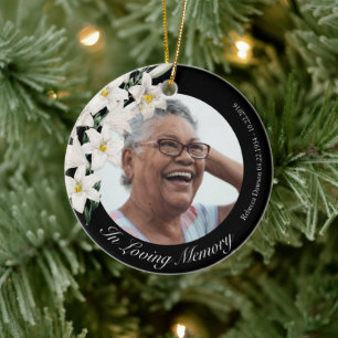 White Flowers Memorial  Black Custom Photo Keramisch Ornament