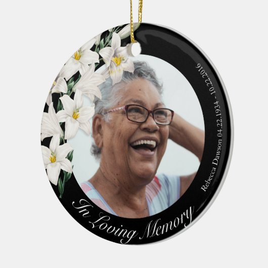 White Flowers Memorial  Black Custom Photo Keramisch Ornament (Links)