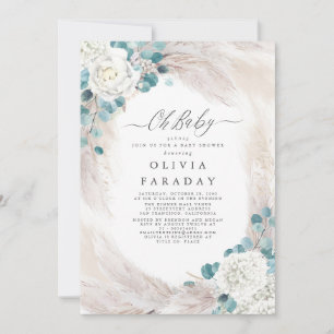 White Flowers Pampas Grass Baby shower Invitation Kaart