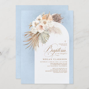 White Flowers Pampas Grass Boho Blue Baptisme Kaart
