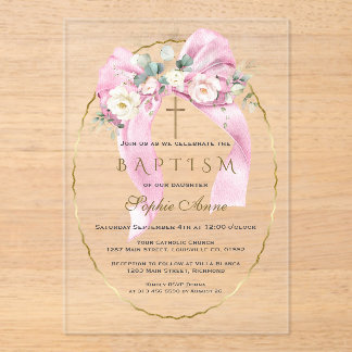 White Flowers Pink Bow Girl Baptism Transparent   Acryl Uitnodigingen