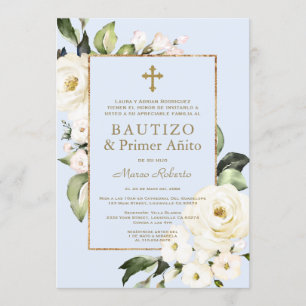 White Flowers Spain Boy 1st Birthday Baptisme Kaart