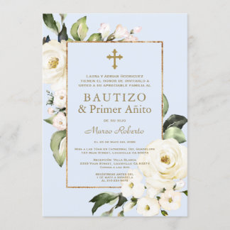 White Flowers Spain Boy 1st Birthday Baptisme Kaart