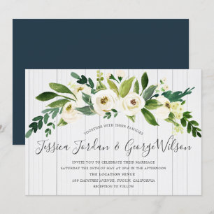 White Flowers Wood Background Wedding Invite Kaart