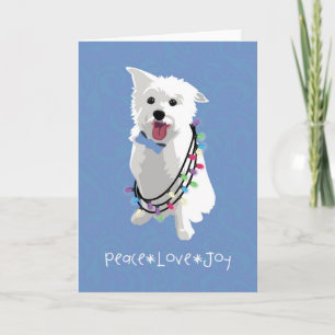 White Fluffy Dog - Peace Joy Love - Holiday Feestdagen Kaart
