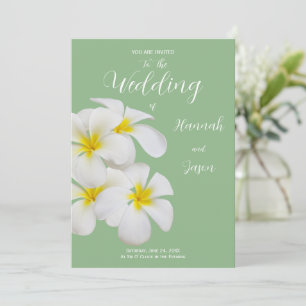 White Frangipani Flowers, on Sage, Wedding Kaart