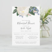 White Garden Floral Light Blue Rehearsal Dinner Aankondiging (Staand voorkant)