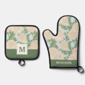 White Garden Mum Flower Pattern Ovenwant & Pannenlap Set (Voorkant)