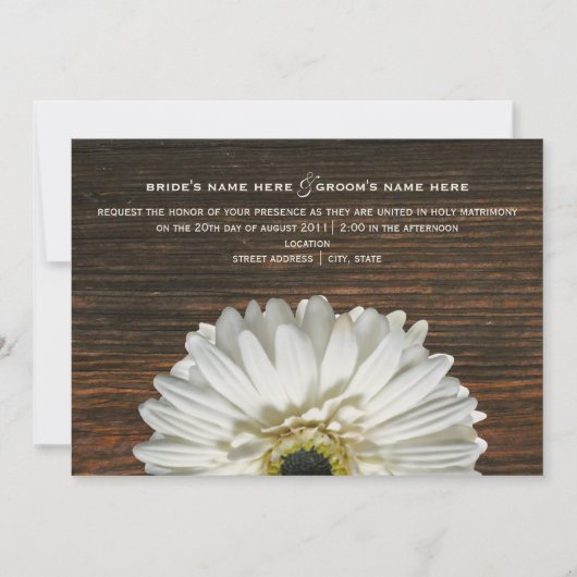 White Gerbera & Barnwood Rustic Wedding Invitation Kaart (Voorkant)