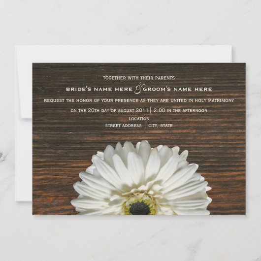 White Gerbera & Barnwood Rustic Wedding Invitation Kaart (Voorkant)