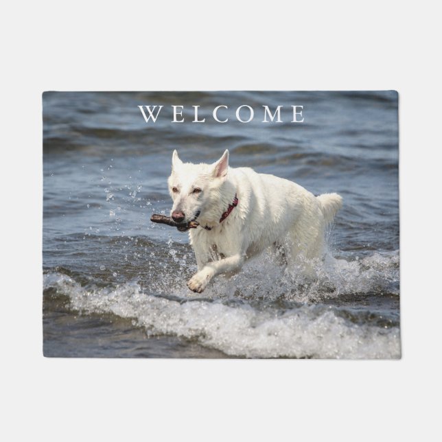 White German Shepard op Lake George Deurmat (Voorkant)
