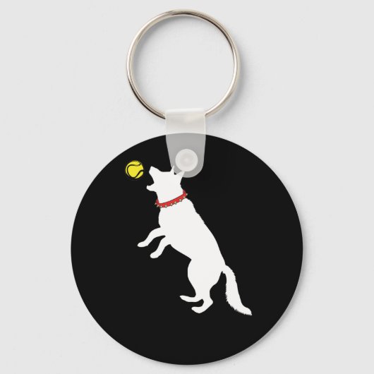 White German Shepherd Dog GSD Catching Yellow Sleutelhanger (Voorkant)