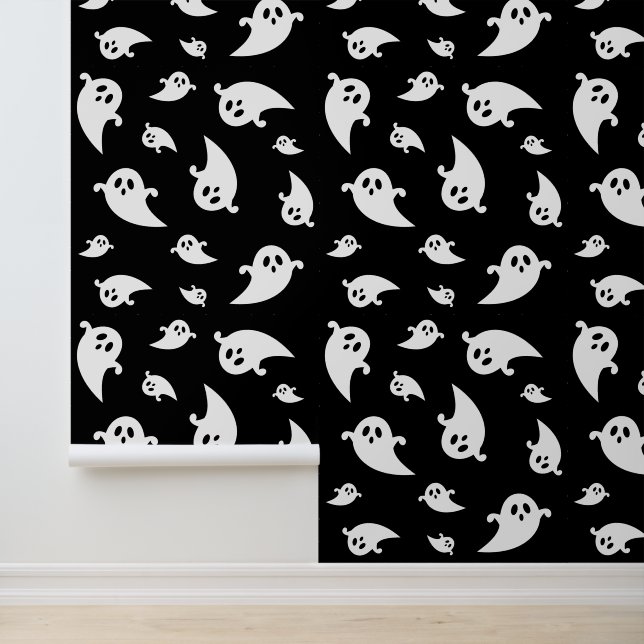 White Ghosts Pattern Spooky Black Halloween Behang (Applicatie)
