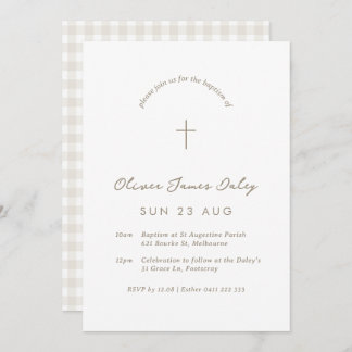 White Gingham Baptism Christening Cross Invitation Kaart