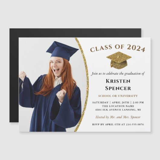 White Gold Afstuderen Foto Graduation Party Magnet (Voorkant / Achterkant)