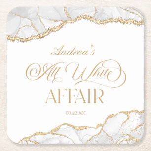 White Gold Agate All White Feest Birthday Party Vierkante Kartonnen Onderzetter