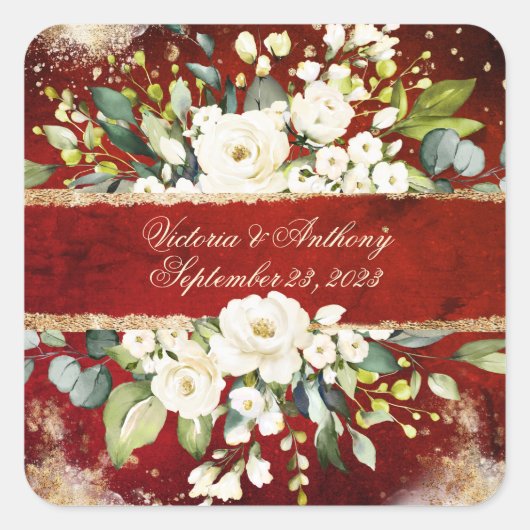 White Gold Botanical Floral Rustic Red Wedding Vierkante Sticker (Voorkant)