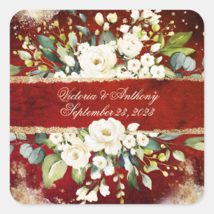 White Gold Botanical Floral Rustic Red Wedding Vierkante Sticker
