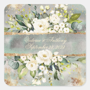 White Gold Botanical Floral Sage Green Wedding Vierkante Sticker