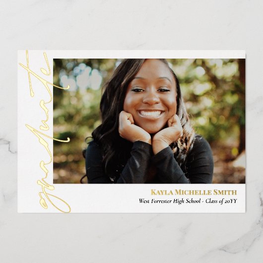 White Gold Calligraphy Photo Afstuderen Folie Uitnodiging (Voorkant)