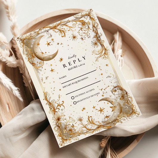 White Gold Celestial Moon & Stars Wedding RSVP Kaartje