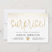 White & Gold Chic Script Surprise Birthday Party Kaart (Voorkant)