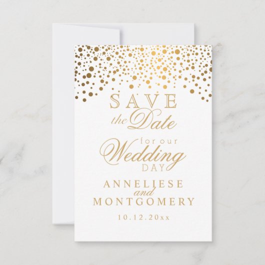 White & Gold Confetti & Glitter Save the Date (Voorkant)