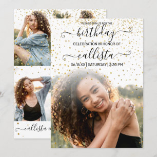 White Gold Confetti Photo Collage Birthday Kaart