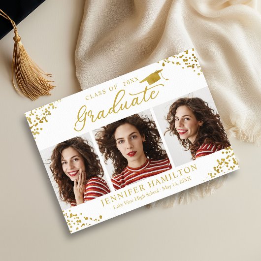 White Gold Confetti Photo Faire-part de graduation