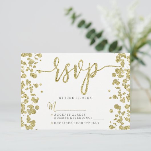 White & Gold Confetti RSVP-respons RSVP Kaartje (Staand voorkant)