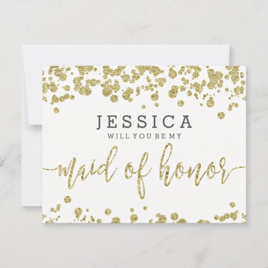 White & Gold Confetti Zal je mijn bruidsmeisje zij Kaart (Voorkant)