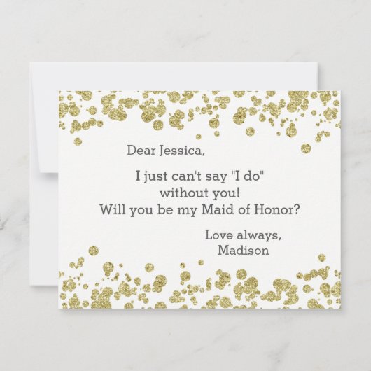 White & Gold Confetti Zal je mijn bruidsmeisje zij Kaart (Achterkant)